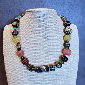 New Vintage 90s Y2K India Artisan Glass Beads Black Multi Necklace OOAK Style X